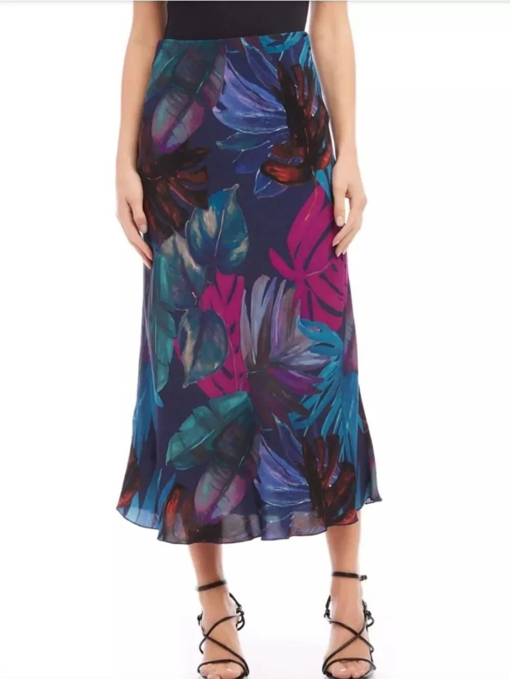 NWT Karen Lane L Majestic Magenta Midi Skirt Bias Cut Tropical - Picture 4 of 9